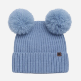 Beanie with Double Pompom and Soft Lining Dusty Blue