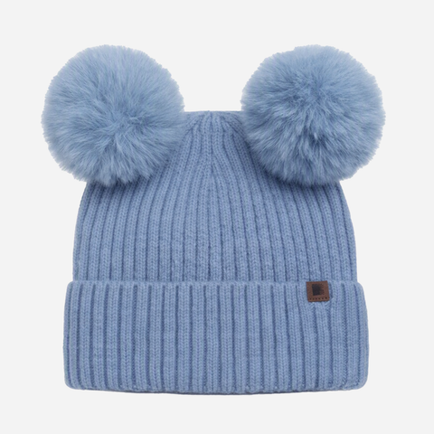 Beanie with Double Pompom and Soft Lining Dusty Blue