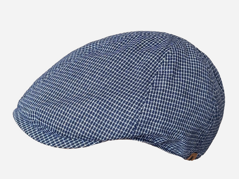 Brim&Brawn Flat Cap in Blue Check Linen-Cotton Blend