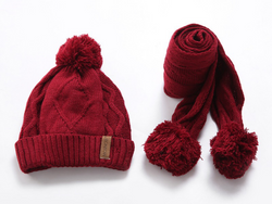 KB107 Kids Beanie with Pompom Lined  with Scarf  Red