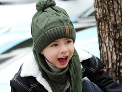 KB107 Kids Beanie with Pompom Lined  with Scarf Green